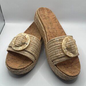ANNE KLEIN Womens Slide Akviena Beige Wedge Heel Pearl Buckle Cork 10M NEW